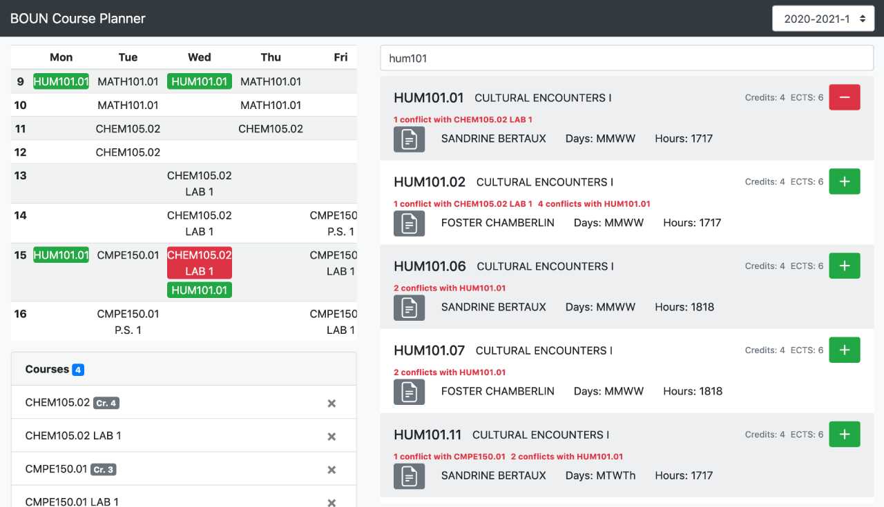 Boun Course Planner website screenshot